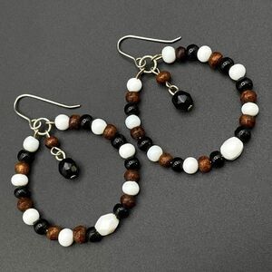 Silver Round White and Brown Beaded Hoop Dangling Drop Hook Earrings